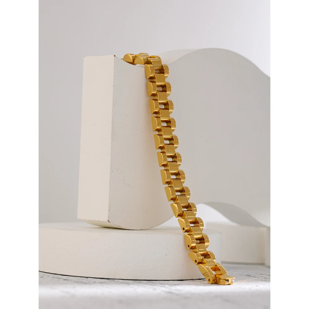 18K PVD Gold Plated Stainless Steel Chain Bracelet - Bold Geometric Link Unisex Wristwear, Non-Tarnish Waterproof Statement Jewelry (18cm & 21cm) | The PM Edit