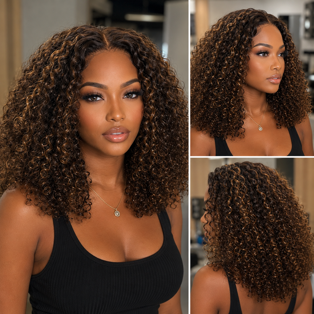 14 Inch P4/27 Kinky Curly 5x5 Lace Closure Wig | Honey Highlight 150% Density