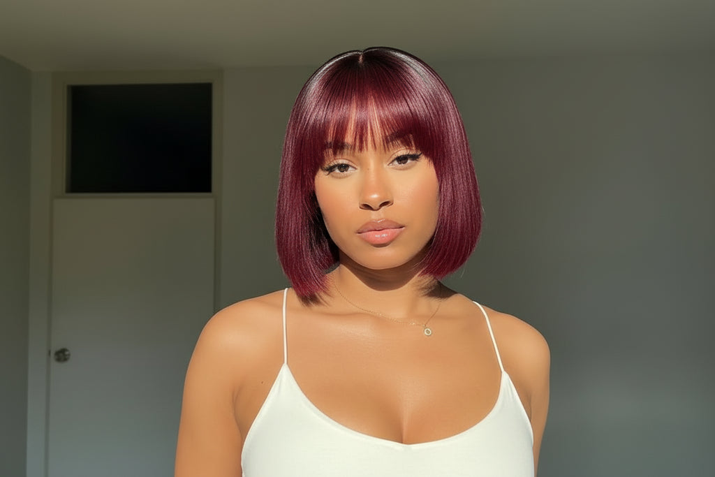 10 Inches Reddish Purple Layered Cut Yaki Straight #99J Lace Bob Wig With Bangs