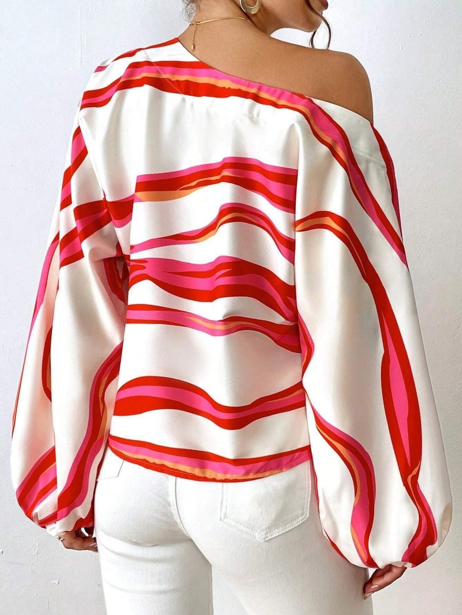 Off - Shoulder Wavy Stripe Short Sleeve Top - The PM Edit