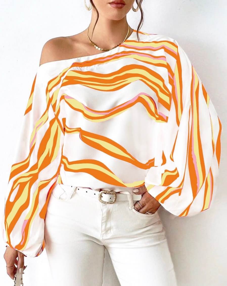 Off - Shoulder Wavy Stripe Short Sleeve Top - The PM Edit