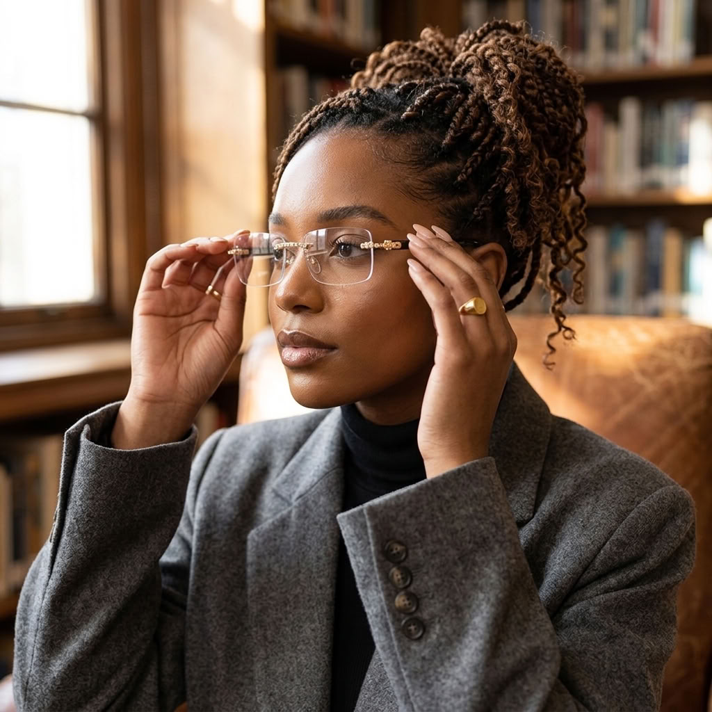 A woman with curly brown hair in a high bun adjusts rimless eyeglasses with gold metal temples, wearing a gray blazer over a black turtleneck in a warm, book-filled room.