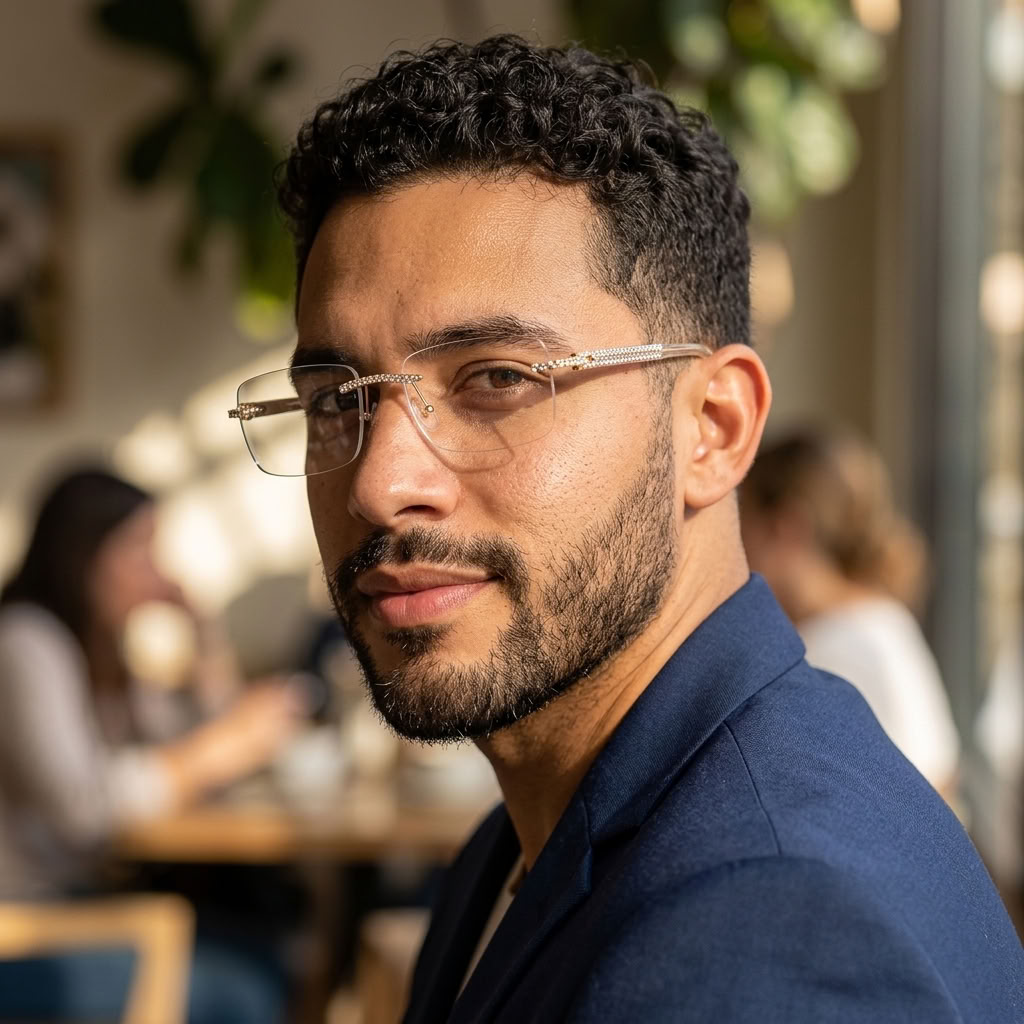 A close-up portrait of a man with curly dark hair, a beard, and thin metal-framed rimless eyeglasses, wearing a navy blazer in a softly blurred indoor setting.