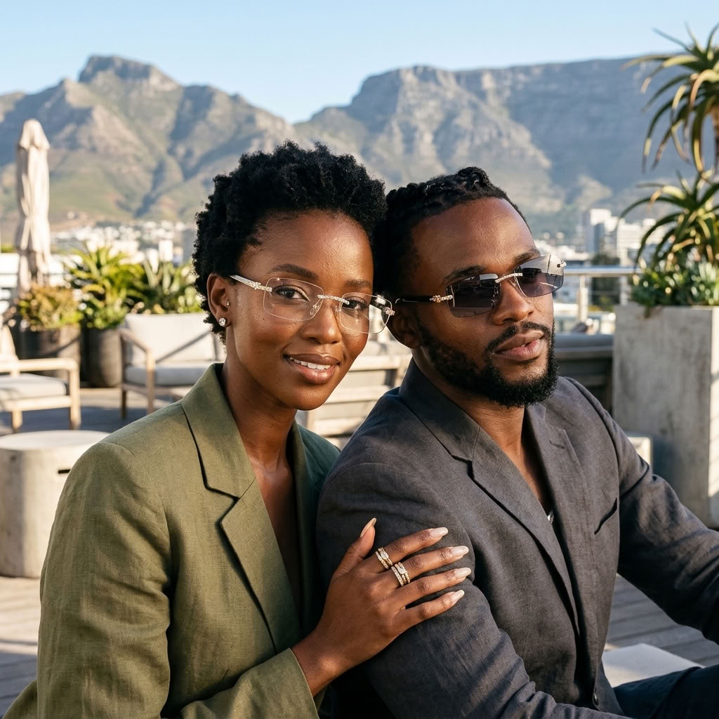A man and a woman sitting together on a rooftop terrace with a city skyline and mountains in the background. The woman wears an olive green blazer and clear-framed glasses, and the man wears a dark gray blazer and dark sunglasses.