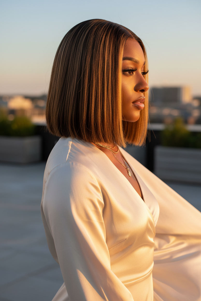 Woman in a white outfit standing on a rooftop with a cityscape background