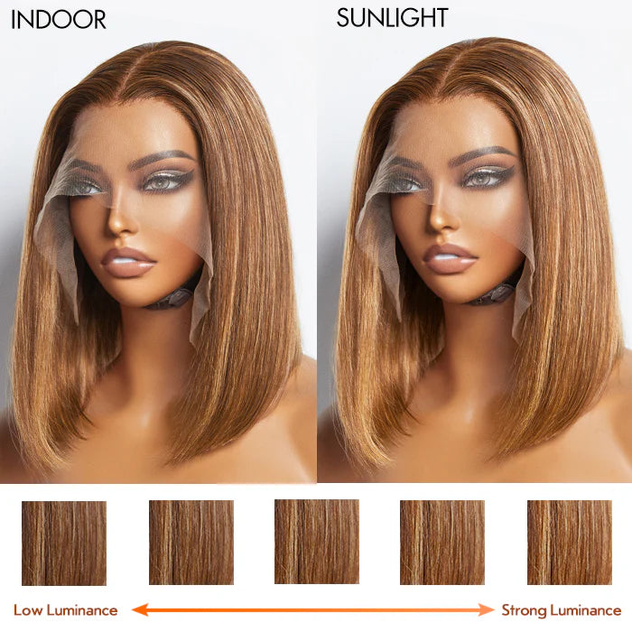 Comparison of wig color under indoor and sunlight conditions on a mannequin head.