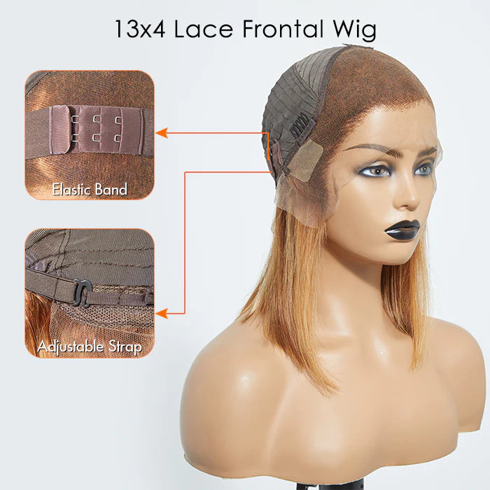 13x4 lace frontal wig with close-up details on a mannequin head.