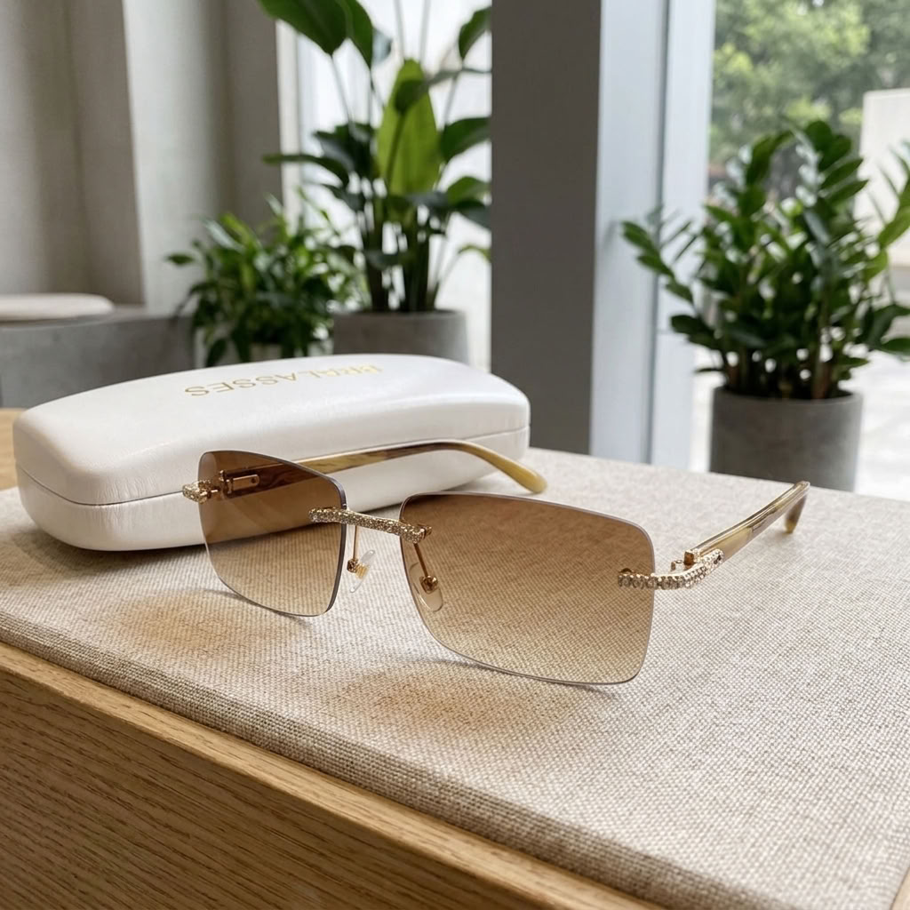 A pair of rimless square sunglasses with gradient brown lenses and gold metal temples rests on a beige fabric surface next to a white branded case. The background shows a softly blurred indoor setting with potted plants and windows.