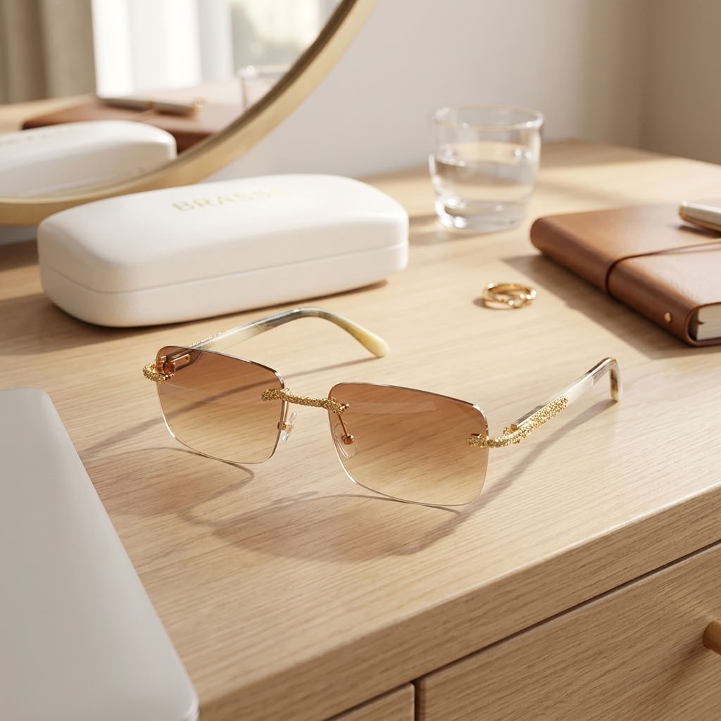 A pair of rimless square sunglasses with gradient brown lenses and gold-tone metal frames rests on a light wood desk, with a white sunglasses case, a glass of water, a ring, and a brown notebook nearby.