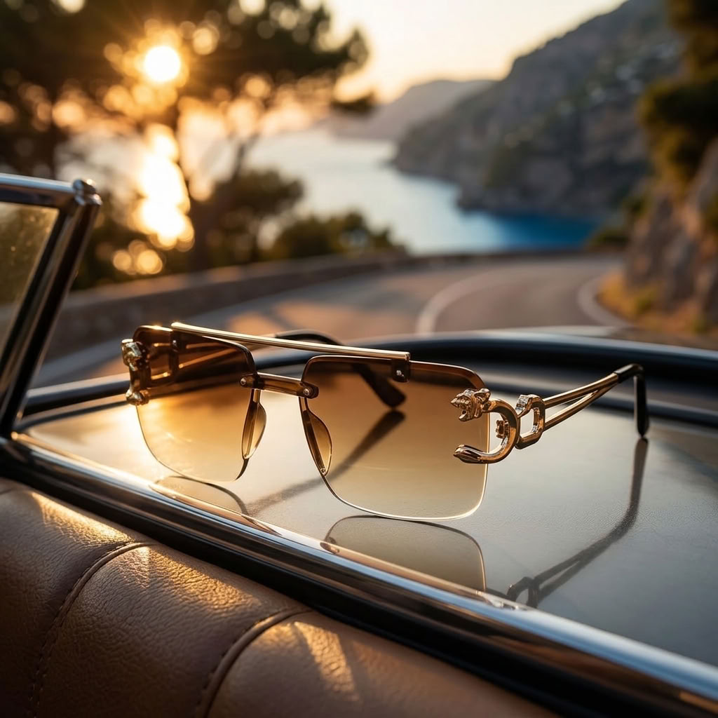 Rimless sunglasses with gold metal frames and gradient brown lenses resting on the polished chrome door frame of a classic car, with a scenic coastal road at sunset in the background.