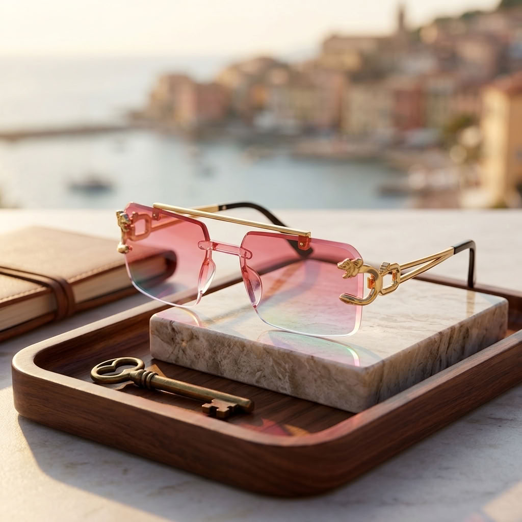 Rimless sunglasses with pink tinted lenses and gold-tone metal frames, displayed on a marble block over a wooden tray with a vintage key, set against a blurred coastal city background.