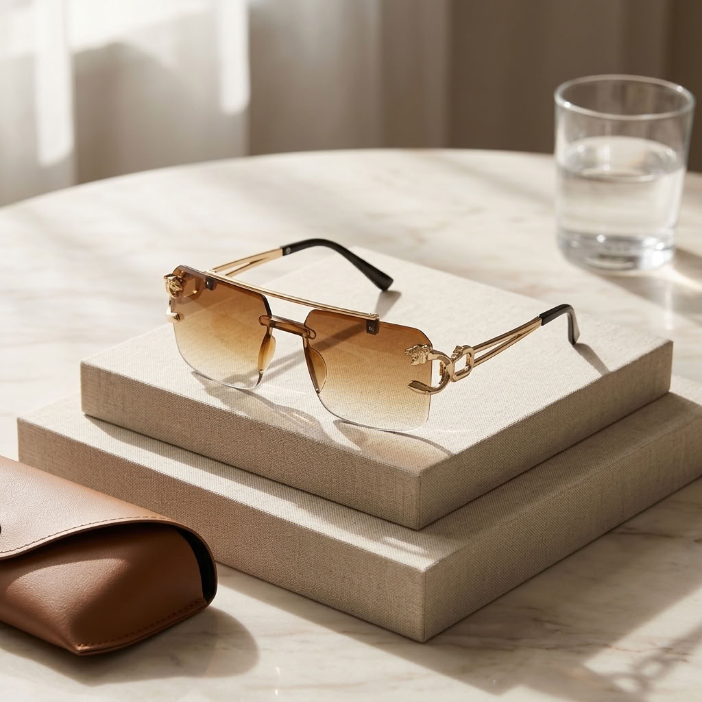 Gold-framed rimless sunglasses with a gradient amber-tinted lens, displayed on a beige pedestal alongside a brown leather case and a glass of water on a marble table.