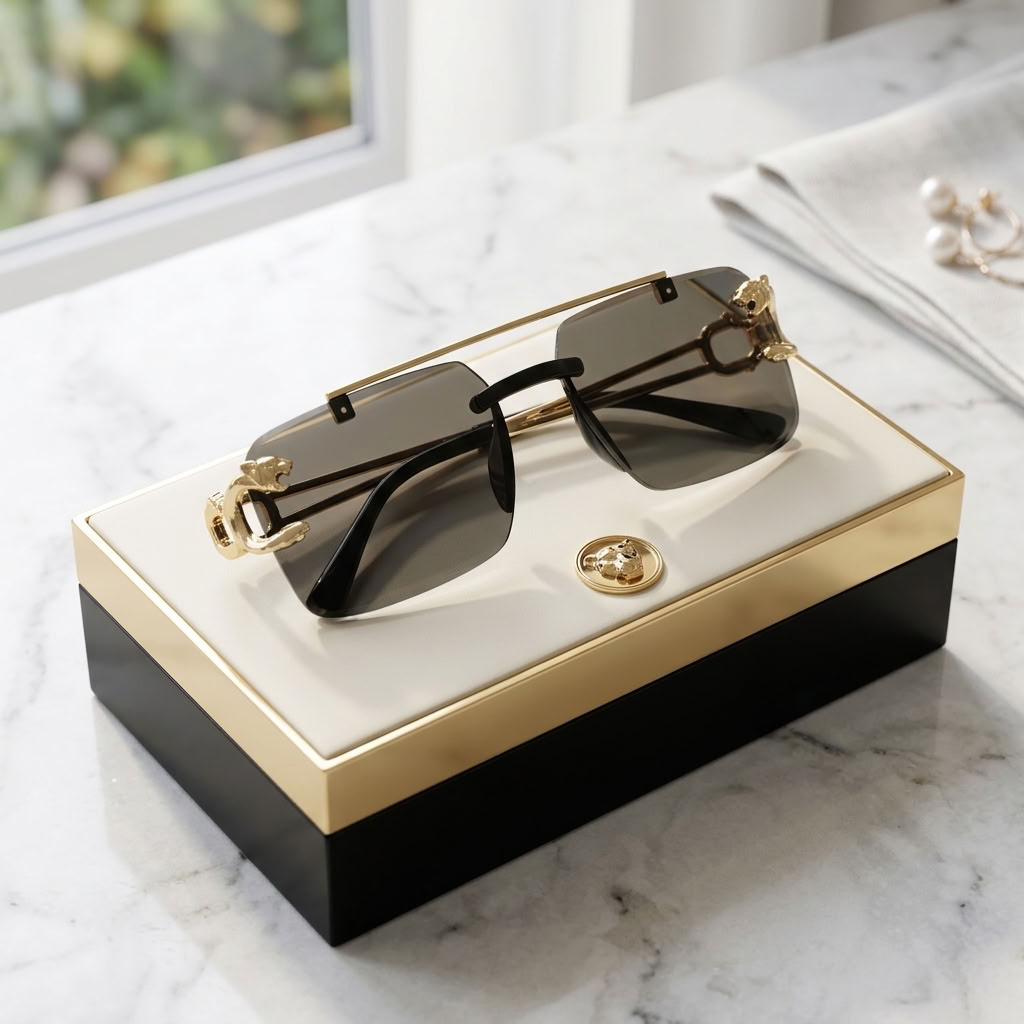 Rimless sunglasses with dark lenses and gold-tone hardware resting on a black and gold presentation box on a marble surface.