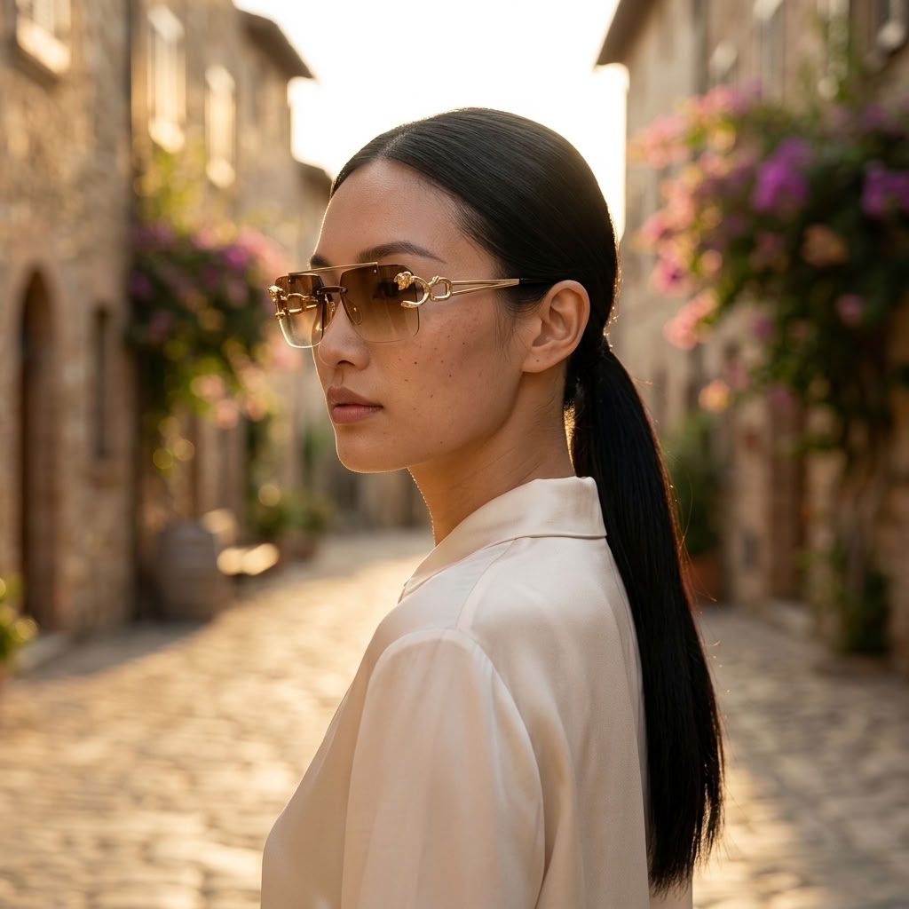 A woman with a black ponytail wearing gold-framed aviator sunglasses and a cream-colored blouse, standing in a sunlit stone street lined with blooming flowers.