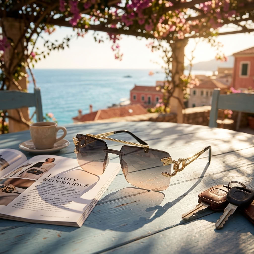 Rimless square sunglasses with gold metal frames and gradient lenses resting on a rustic blue wooden table, styled with an open magazine, a coffee cup, and keys, with a scenic coastal view in the background.