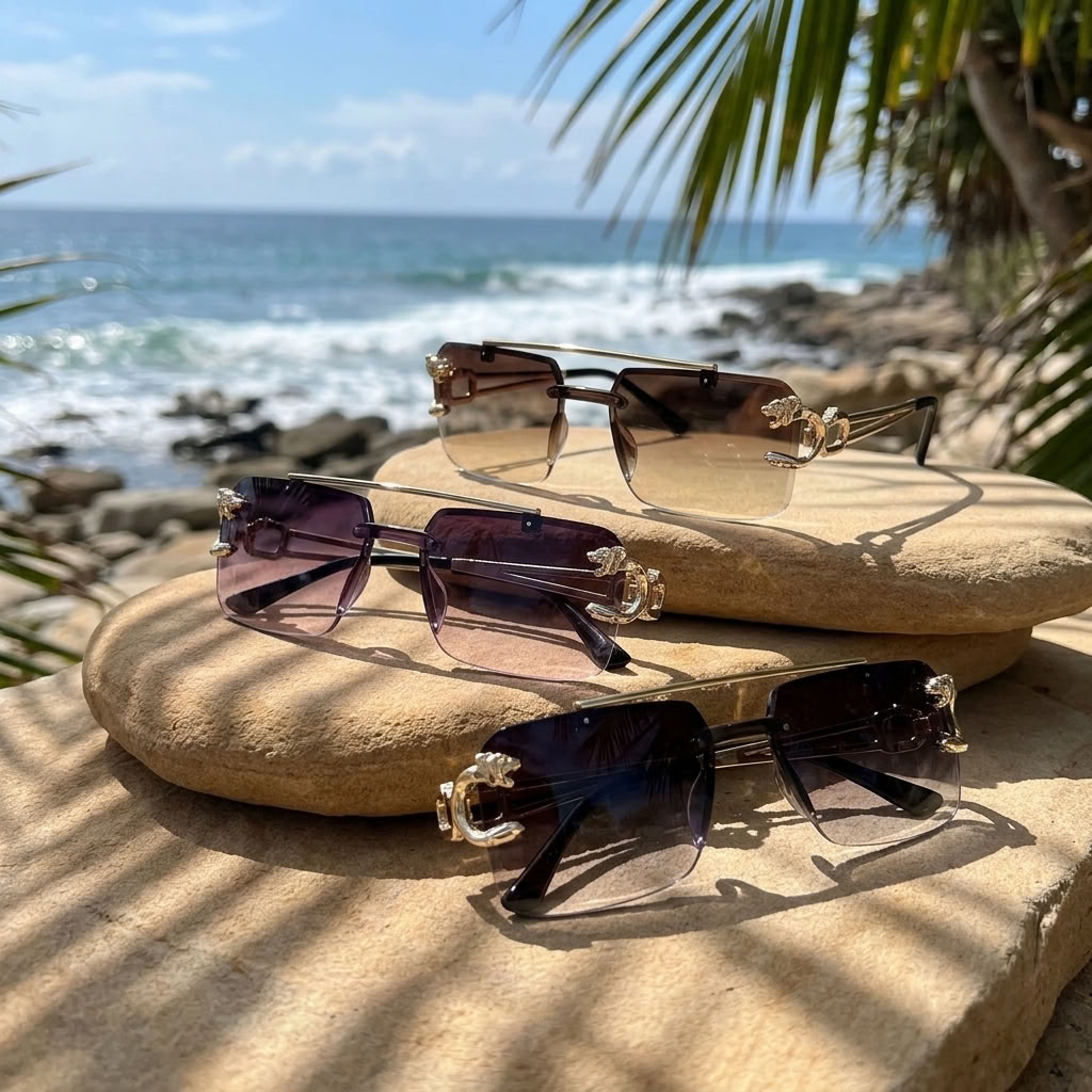 Three pairs of rimless sunglasses with gold-tone metal frames and decorative crystal-like hinges are arranged on stacked natural stones at a beach, with ocean waves, rocks, and palm leaves visible in the background.