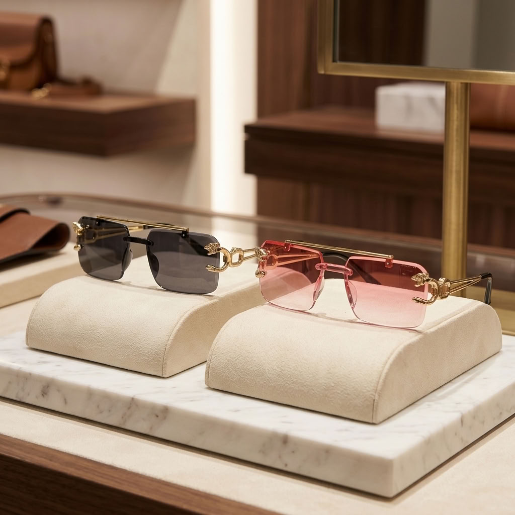 Two rimless sunglasses displayed on cream-colored velvet stands on a marble surface. One pair has dark gray lenses and gold metal frames, while the other has pink-tinted lenses and matching gold metal frames.