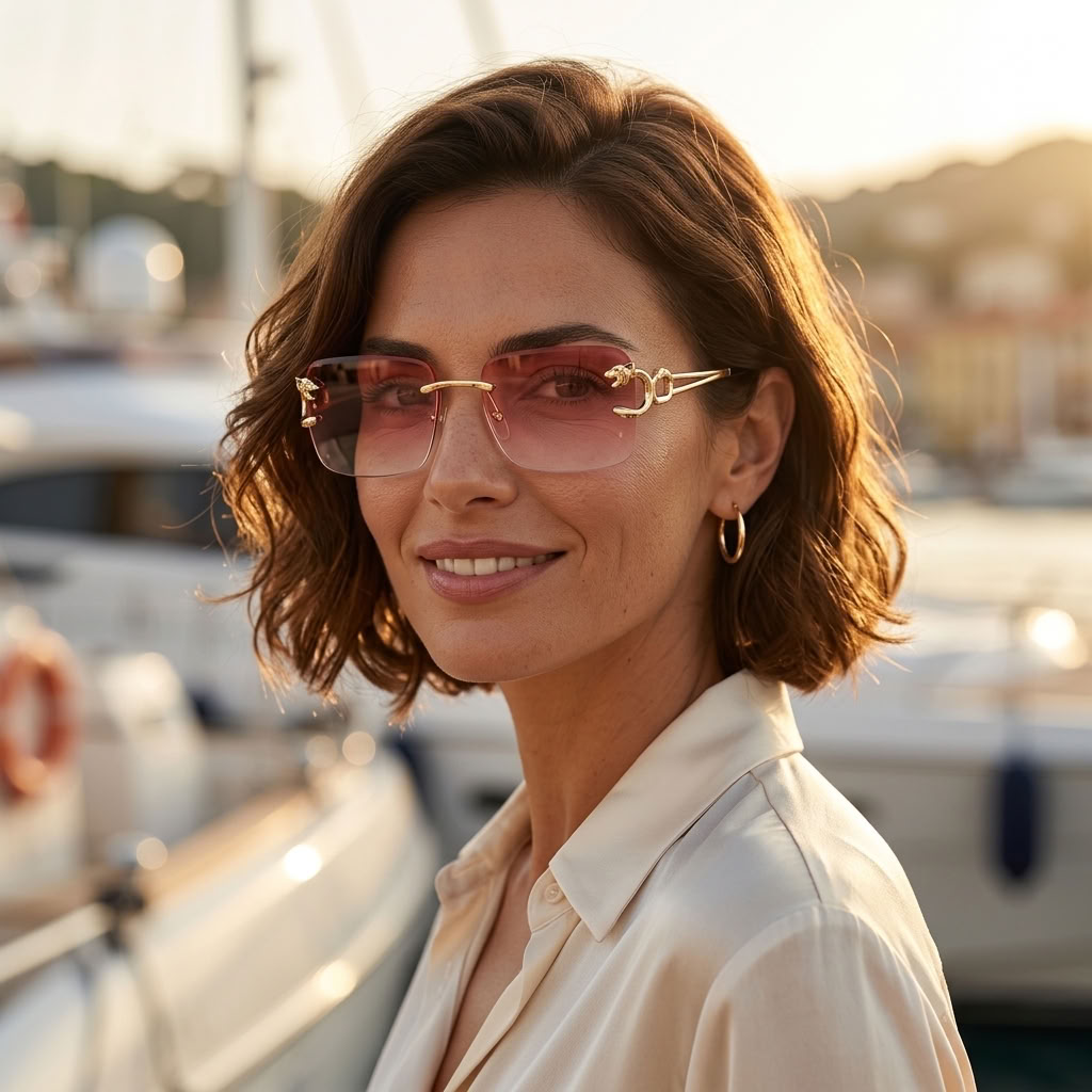 A woman with short brown hair wearing rimless pink-tinted sunglasses with gold metal frames and a white collared shirt, photographed outdoors at a marina with boats and warm sunlight in the background.