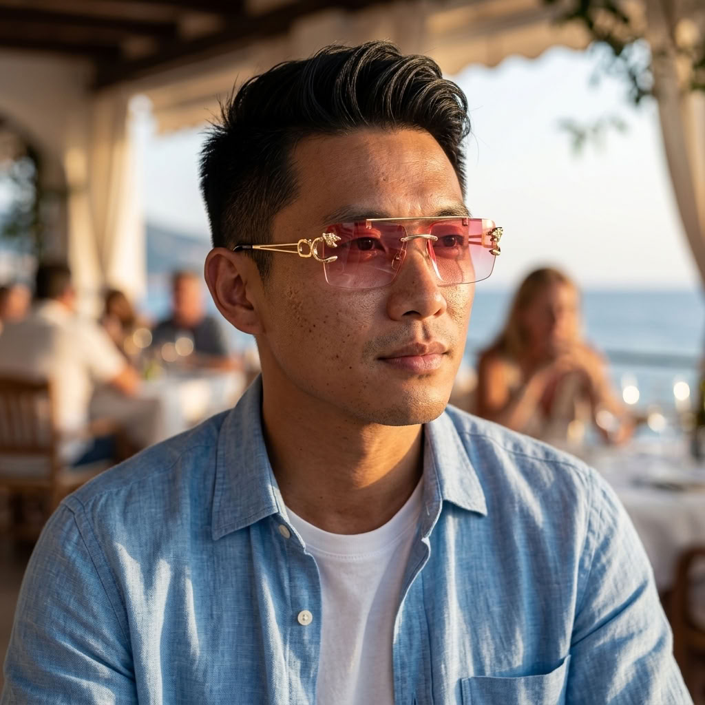 A man wearing pink-tinted aviator-style sunglasses with gold metal frames and temples, sitting in a sunlit outdoor patio or restaurant setting with blurred people and a sea view in the background.