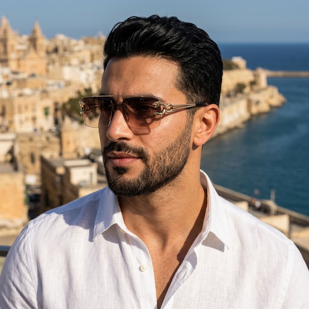 A man wearing aviator sunglasses with gold-toned metal frames and brown tinted lenses, dressed in a white linen shirt, set against a scenic background of a coastal city and sea.