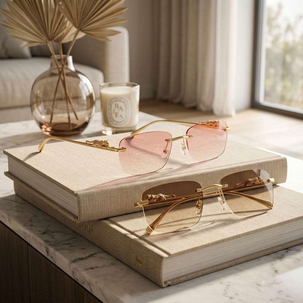 Two pairs of rimless sunglasses with gold metal frames are displayed on stacked books on a marble surface. One pair has light pink tinted lenses, and the other has clear lenses.