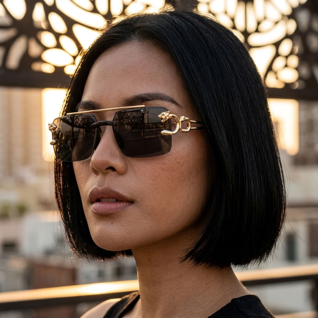 A close-up lifestyle shot of a woman with a short dark bob hairstyle wearing gold-framed rimless sunglasses with decorative lion head hardware and dark lenses, set against a warm, sunlit urban background.