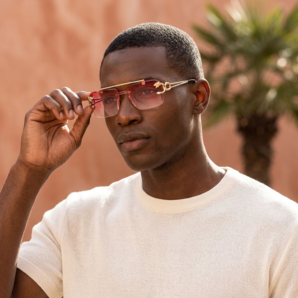 A man wearing rimless aviator-style sunglasses with gold metal frames and pink-tinted lenses, holding the left side of the glasses. He is wearing a cream-colored knit t-shirt against a warm, blurred background with a terracotta wall and a palm tree.