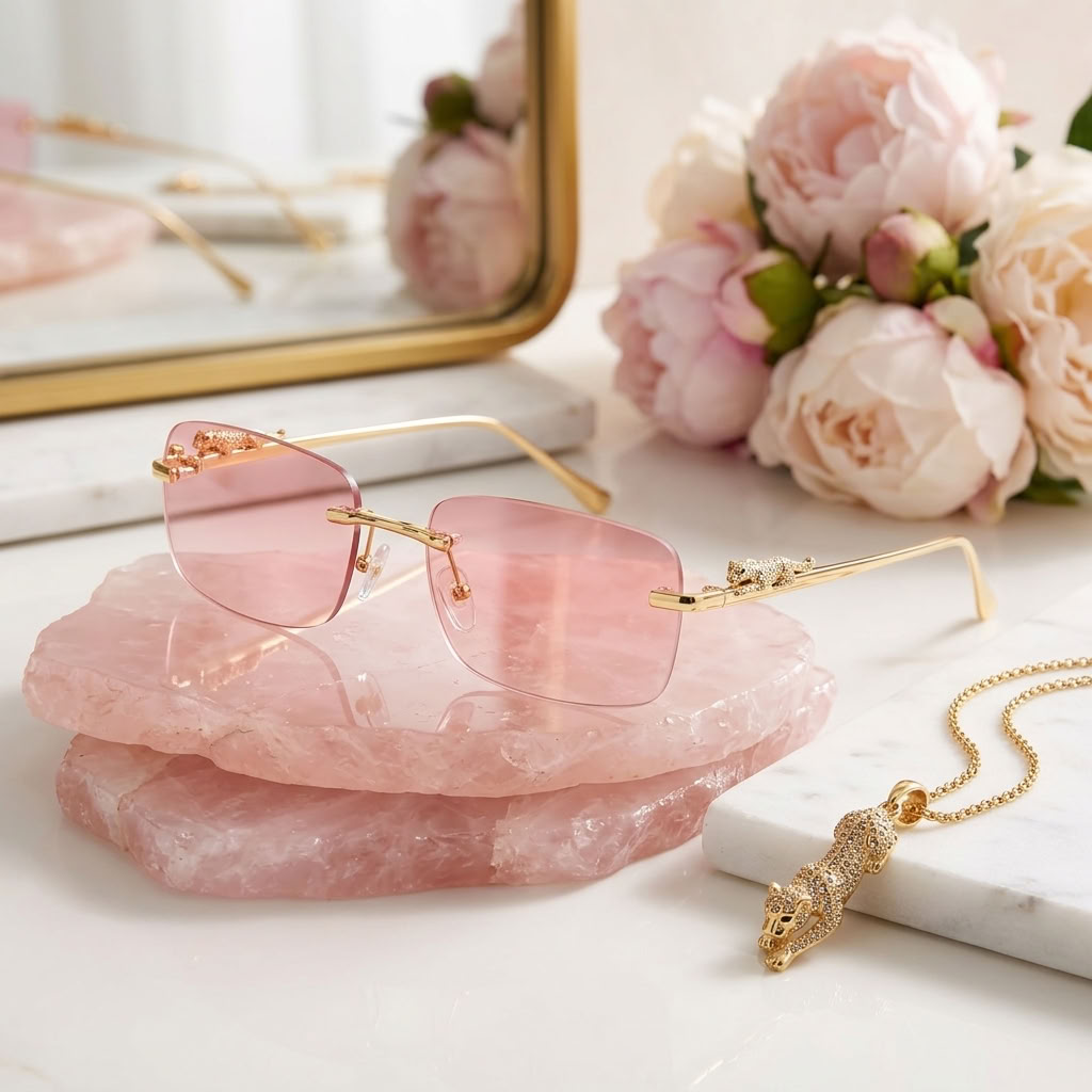 Rimless square-frame sunglasses with pink tinted lenses and gold metal frames, displayed on stacked pink stone slabs with a mirror, pink flowers, and a gold necklace in a styled setting.