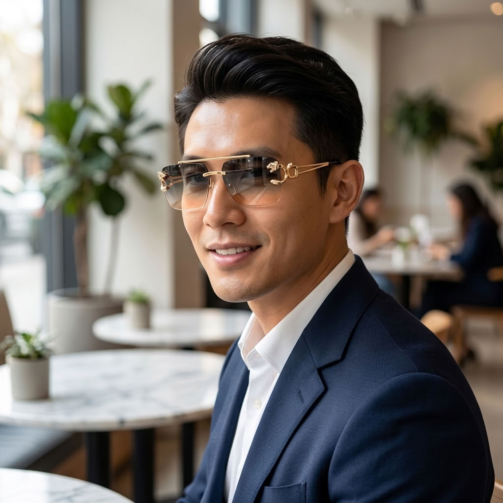 A man in a navy blue suit and white shirt wearing aviator sunglasses with gold frames and dark tinted lenses, seated in a modern, softly lit cafe.