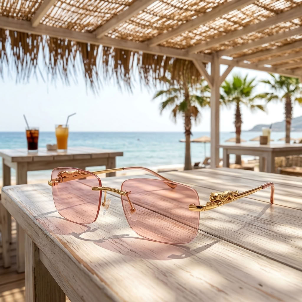Rimless sunglasses with gold metal frames and pink-tinted lenses resting on a wooden table at a beachside resort under a thatched roof.