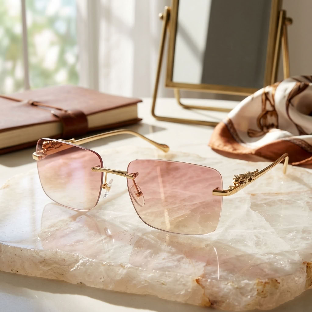 Rimless square sunglasses with gold metal frames and pink-tinted lenses, displayed on a polished white stone slab with a notebook, mirror, and scarf in the background.