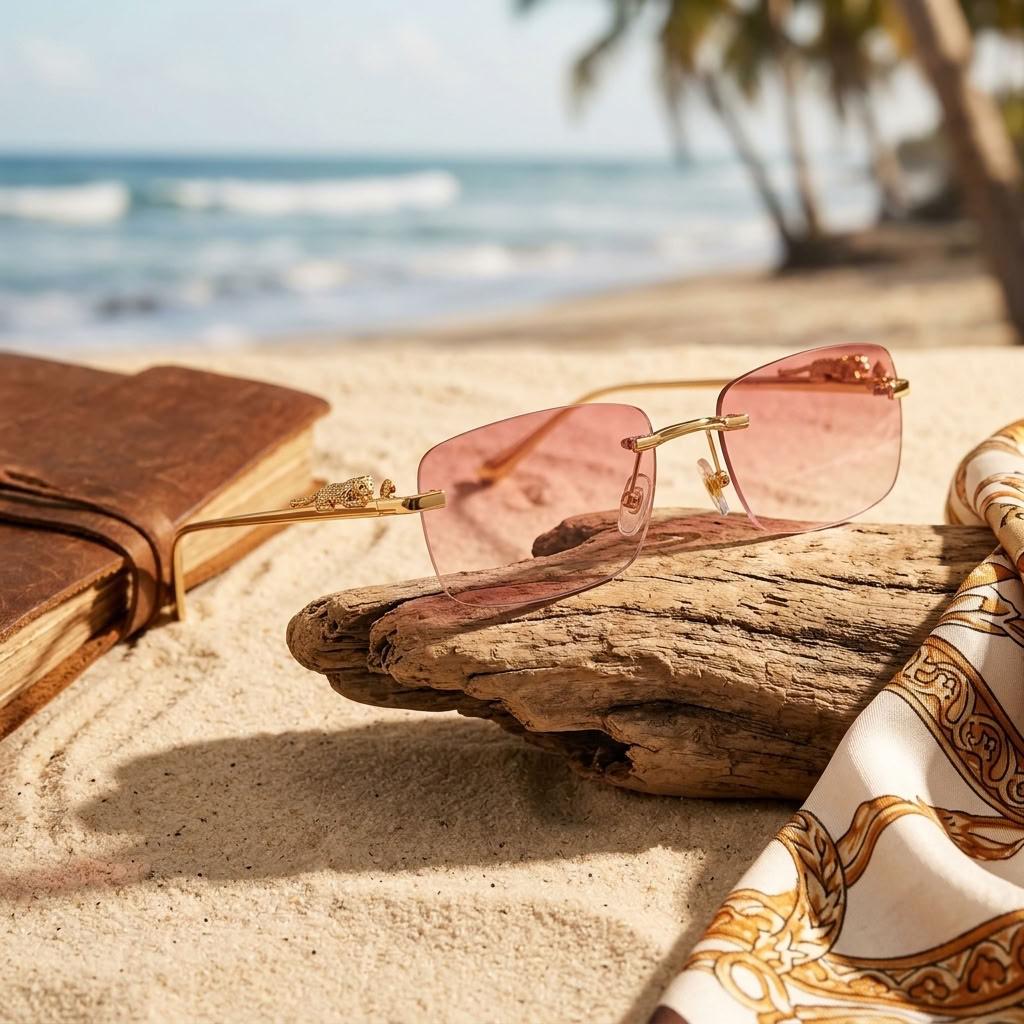 Rimless sunglasses with pink-tinted lenses and gold metal frames resting on a piece of driftwood on a sandy beach, with a blurred ocean and palm trees in the background.