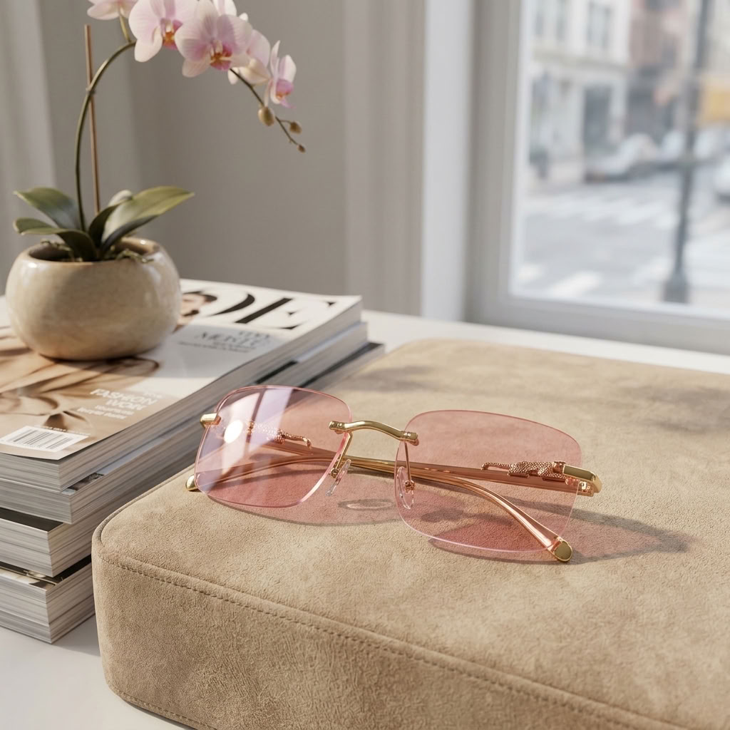 Rimless pink-tinted sunglasses with gold metal frames resting on a beige cushion next to a stack of magazines and a potted orchid, with a softly blurred window in the background.