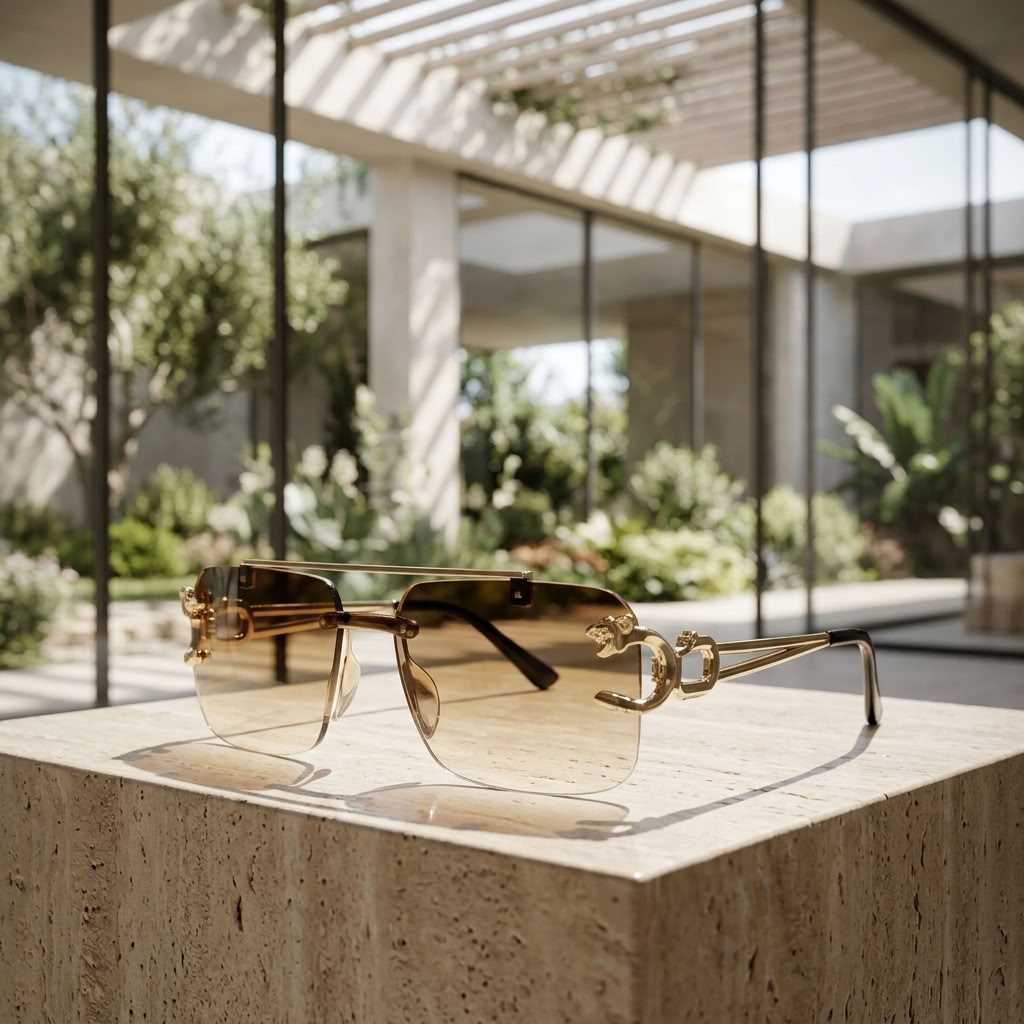 Rimless aviator-style sunglasses with gold metal frames and gradient brown-tinted lenses, resting on a stone pedestal in a modern glass-walled outdoor setting.