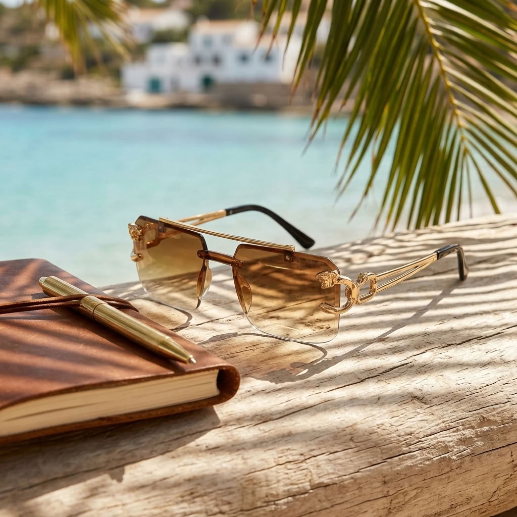 Gold-framed square aviator sunglasses with gradient brown lenses, resting on a weathered wooden table next to a brown leather notebook and gold pen, with a tropical beach and palm leaves in the background.