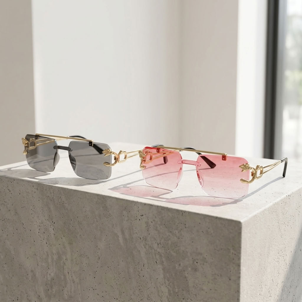 Two rimless square sunglasses displayed on a light gray stone pedestal in a bright interior. One pair has dark gray lenses and gold metal frames, and the other has pink tinted lenses with matching gold frames.