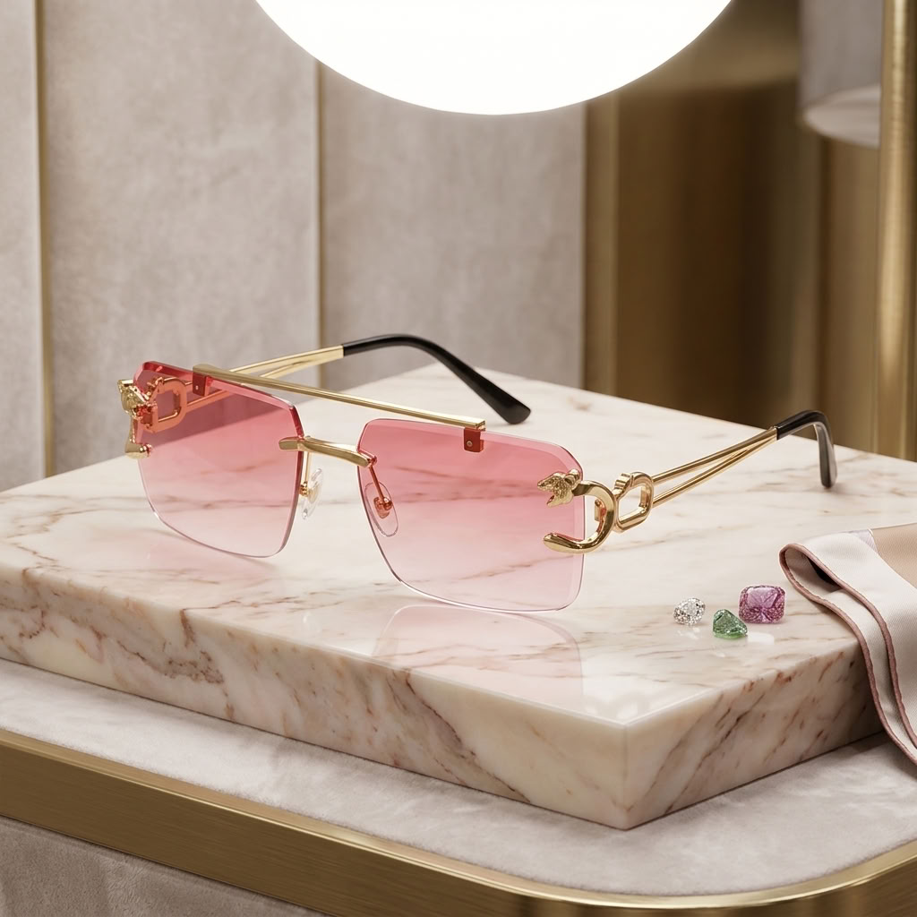 Rimless square sunglasses with pink tinted lenses and gold metal frames, displayed on a marble block with small jewelry props in a luxury interior setting.