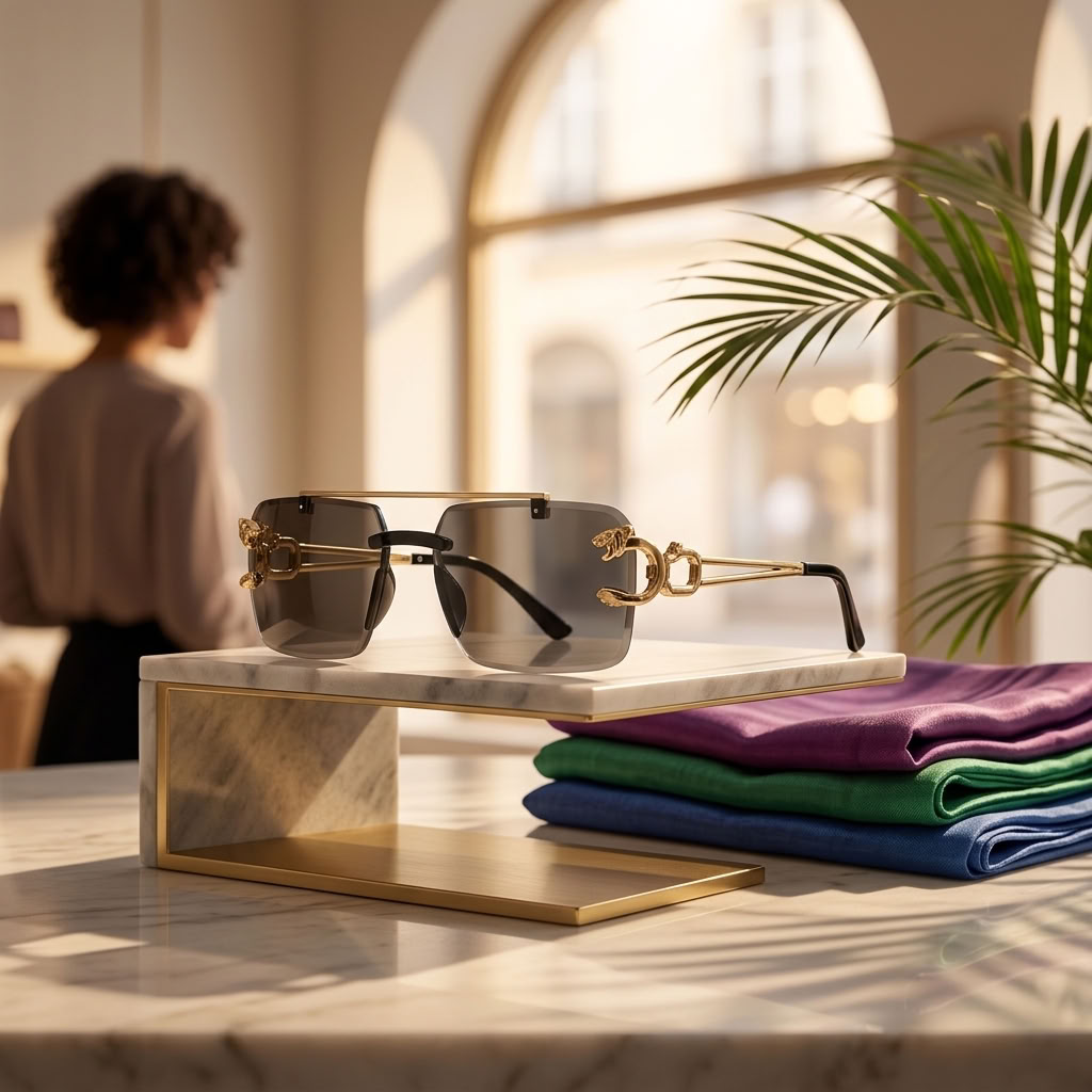 Rimless sunglasses with dark lenses and gold metal accents displayed on a marble-and-gold stand, with folded purple, green, and blue garments beside them in a softly lit boutique interior.