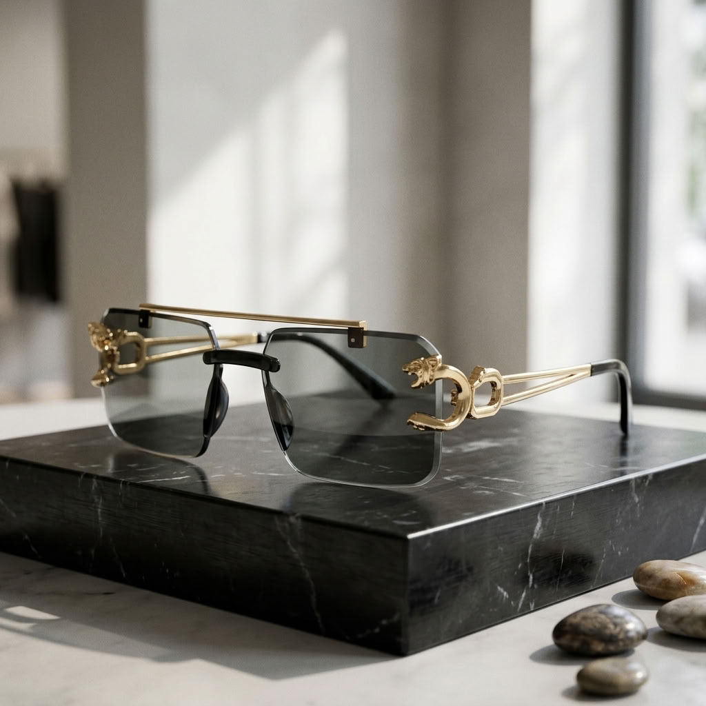 Rimless square sunglasses with gold metal frames and dark lenses, displayed on a black marble block with small stones on a light surface.