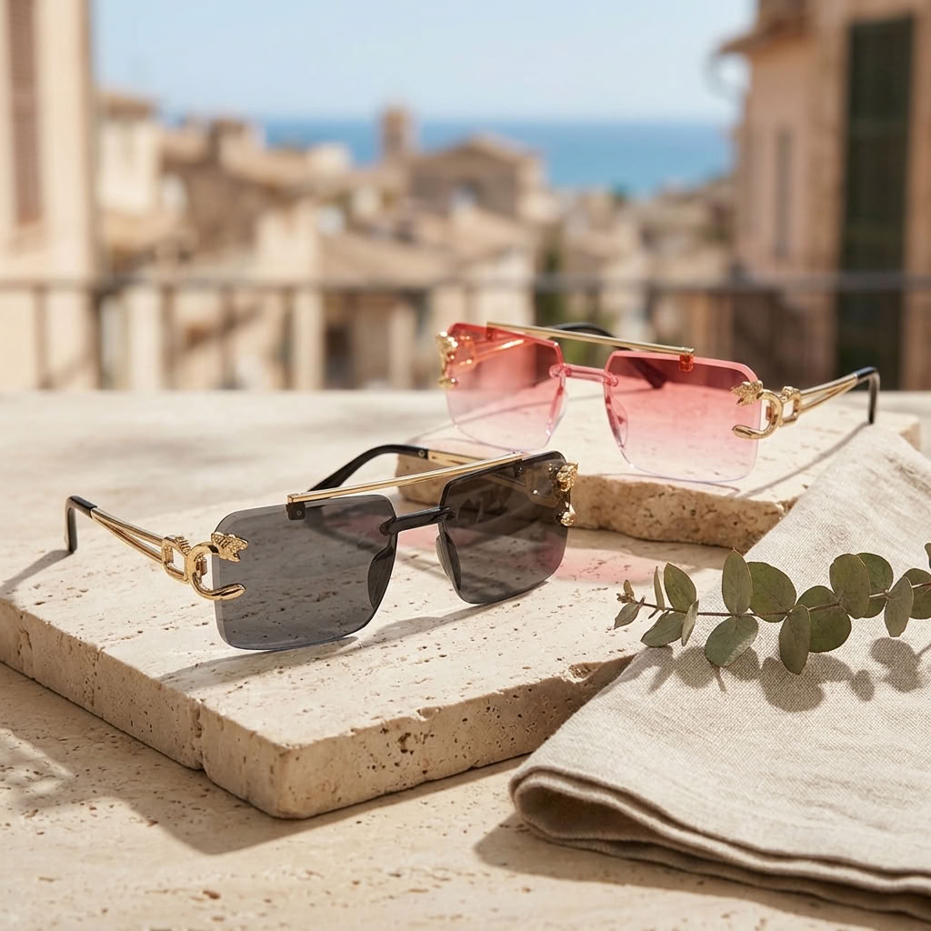 Two rimless sunglasses displayed on a stone surface outdoors, with a folded beige cloth and eucalyptus leaves in the foreground and a blurred coastal cityscape in the background. One pair has dark gray lenses and black temples with gold metal accents, and the other has pink-tinted lenses and rose-gold metal accents.