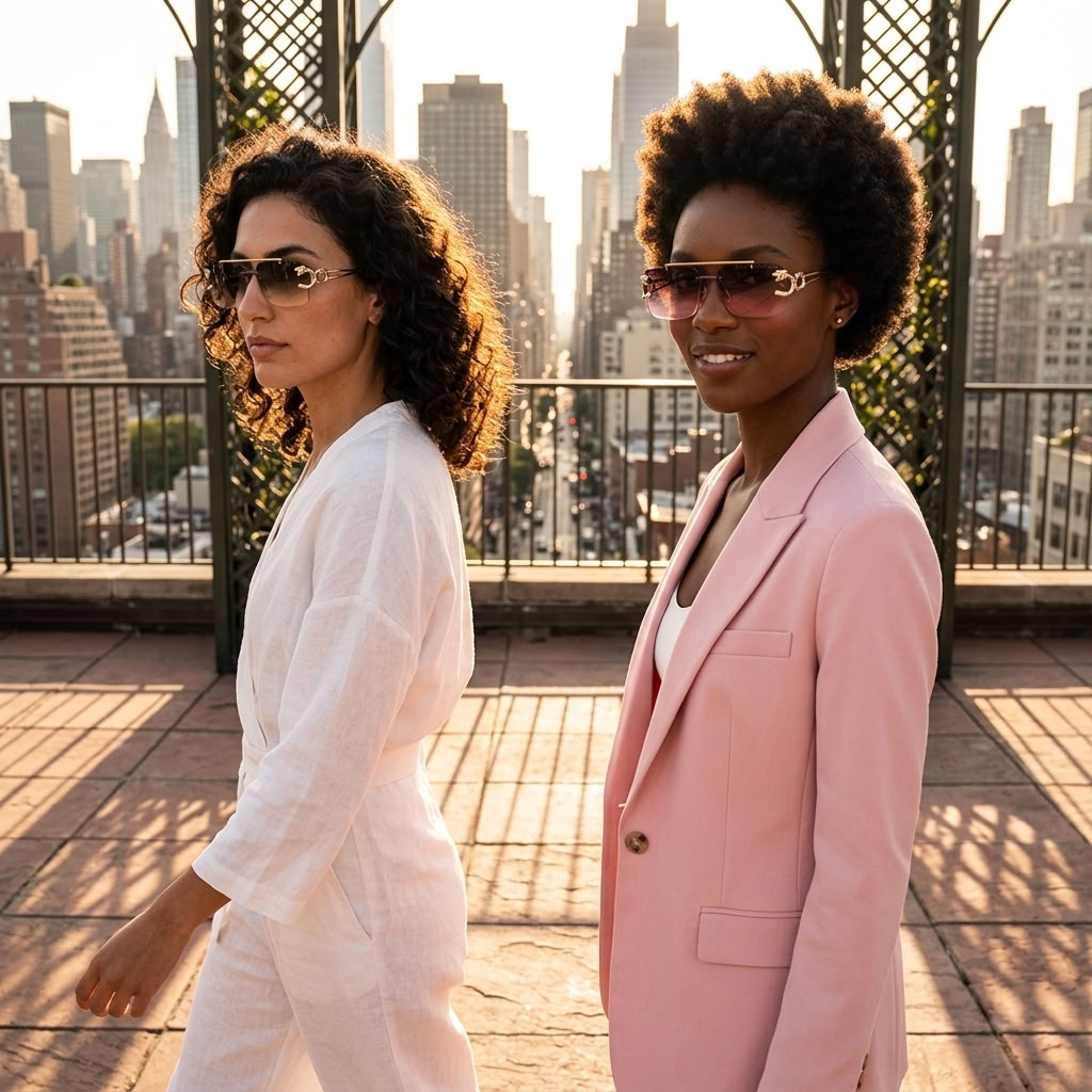 Two women standing on a rooftop terrace with a city skyline in the background. The woman on the left wears a white long-sleeve top and matching pants, while the woman on the right wears a light pink blazer over a white top.