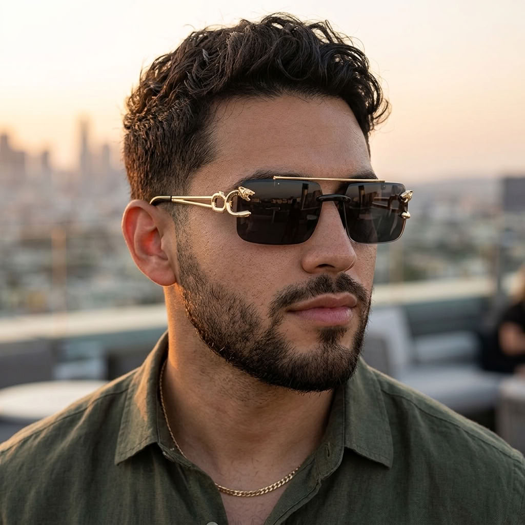 A man wearing gold-framed sunglasses with dark lenses and a gold horsebit detail on the bridge, paired with an olive green shirt against a blurred cityscape background.
