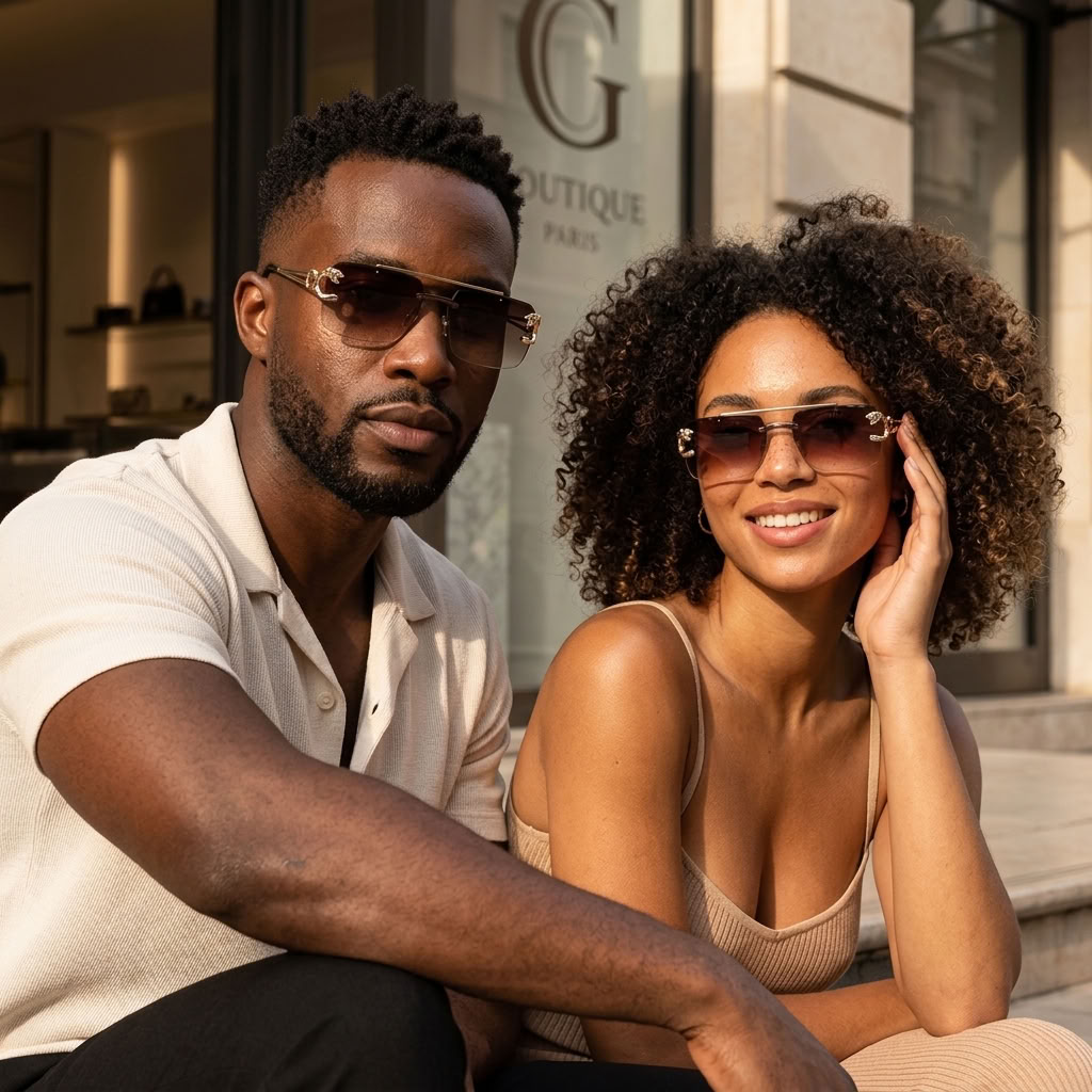 Two people sitting outdoors in front of a boutique storefront, wearing aviator-style sunglasses with gold-toned frames and dark lenses. The man wears a white polo shirt, and the woman wears a beige ribbed tank top.