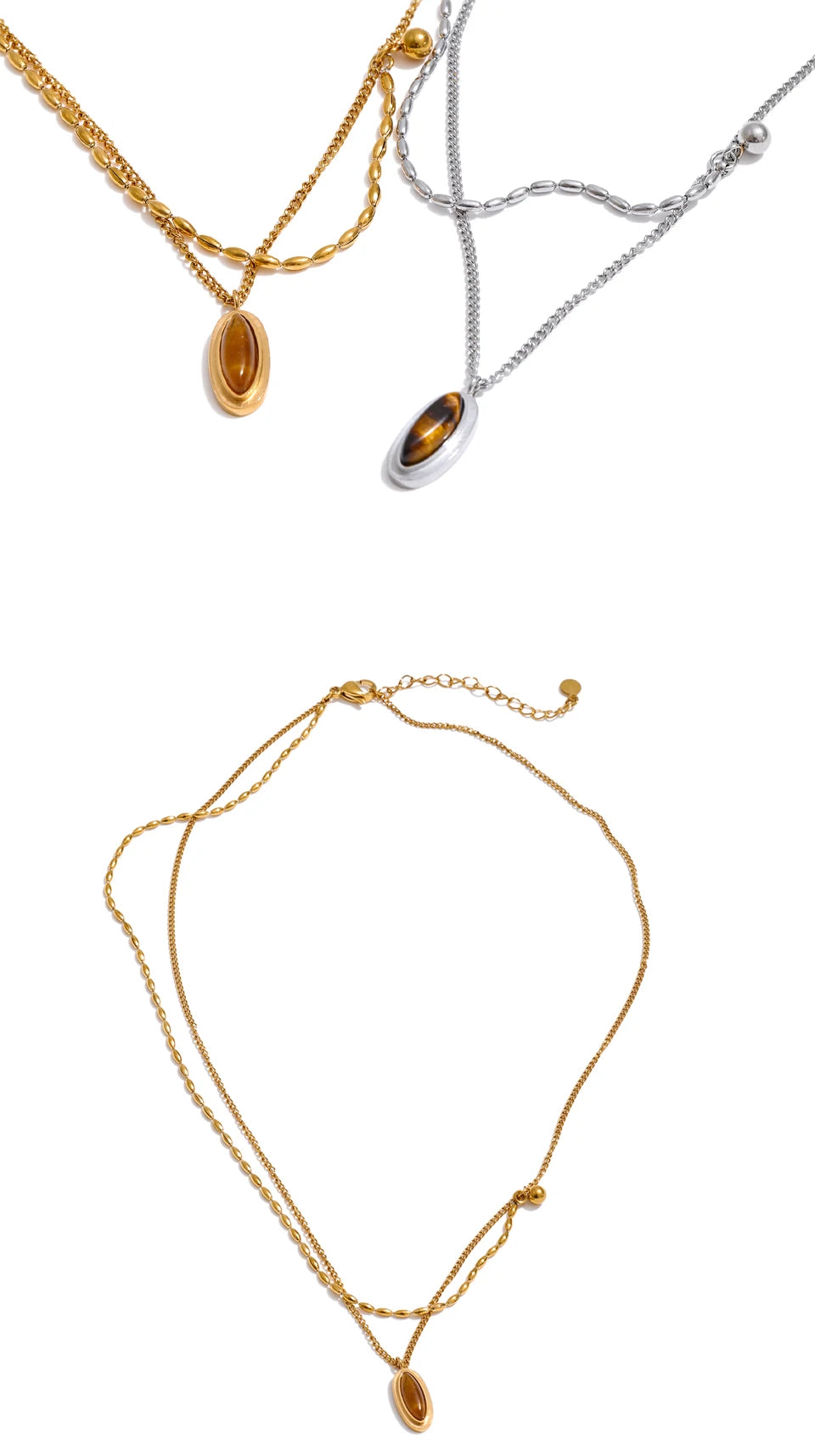 Layered Double Chain Necklace with Tiger's Eye Pendant | Gold & Silver