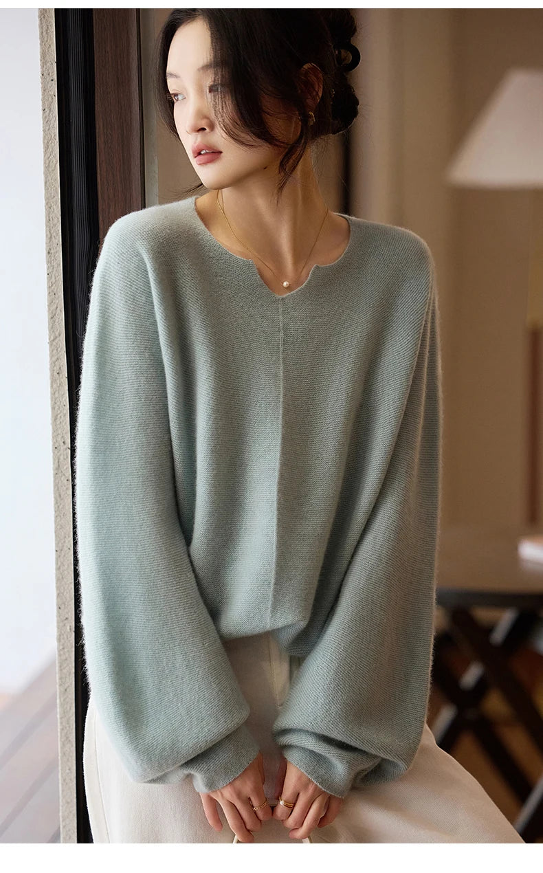 Women's Oversized Pure Wool Pullover Sweater | Notch Neck | Balloon Sleeves | 6 Colors