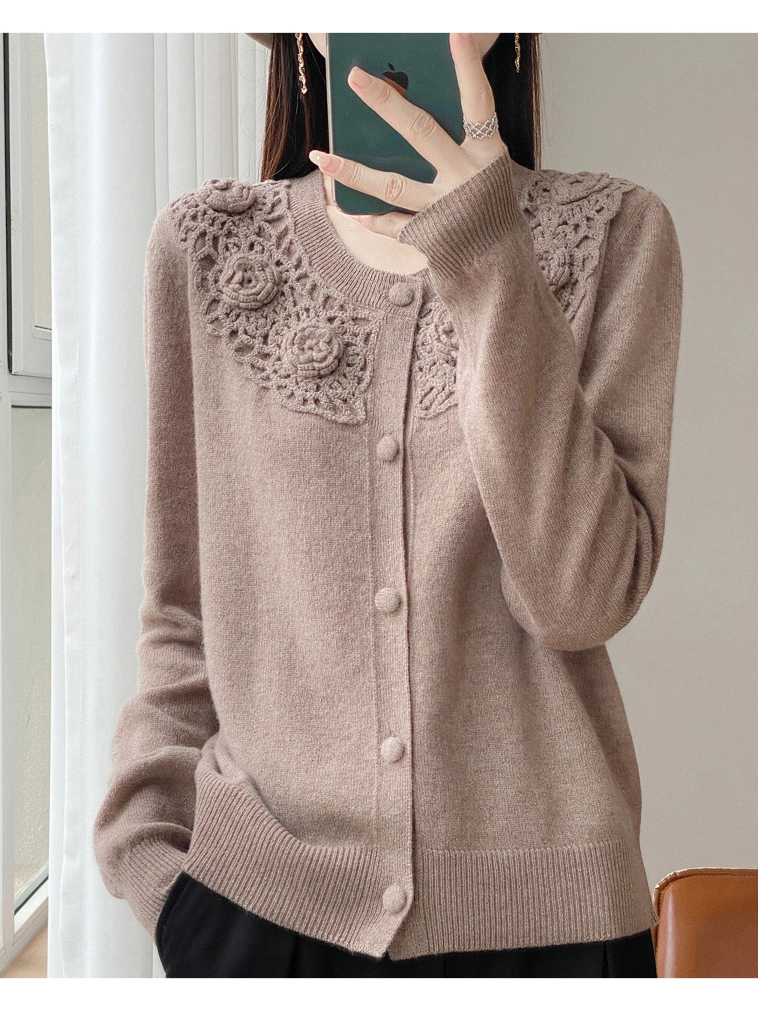 Crochet Floral Collar Cardigan | Button-Down Knit | 6 Colors, Sizes S–XXL
