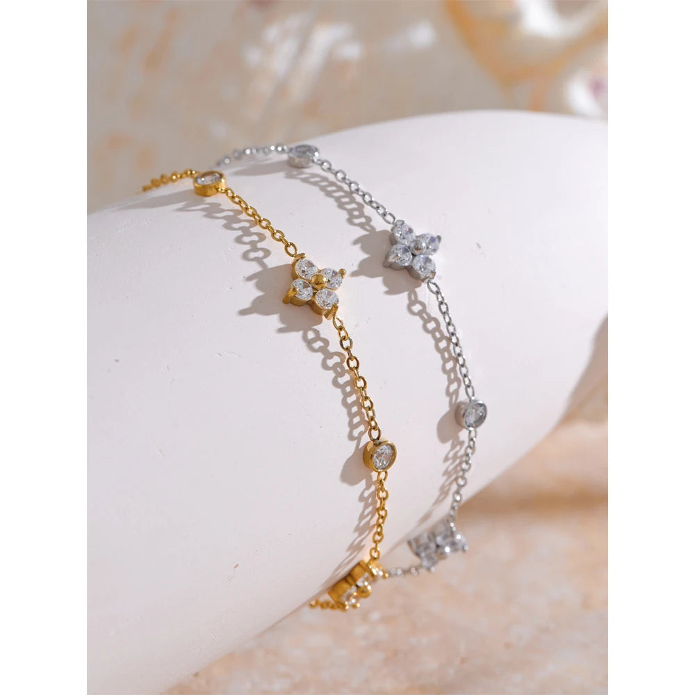 Delicate Cubic Zirconia Flower Stainless Steel Thin Link Bracelet | The PM Edit