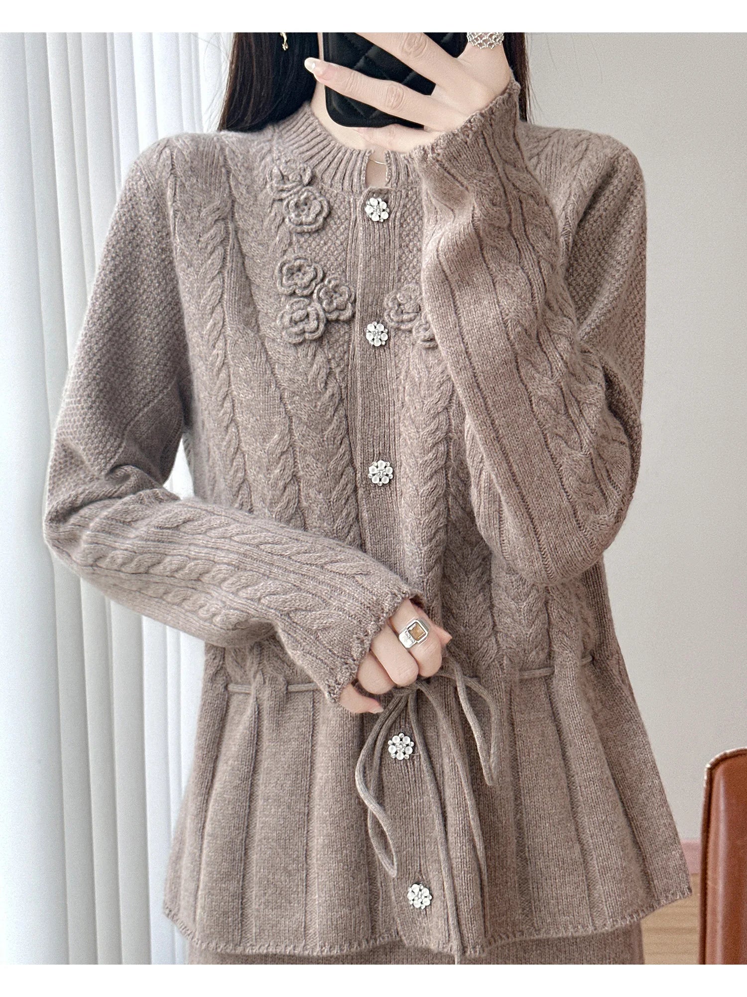 Floral Appliqué Cable-Knit Cardigan | Rhinestone Buttons, Drawstring Waist | 5 Colors, Sizes M–XXL