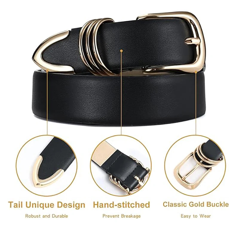 Triple-Ring Gold Buckle PU Leather Belt | Women's Fashion Waist Belt