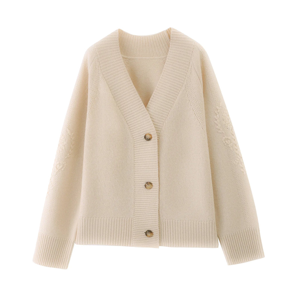 Wool V-Neck Cardigan | Cable Sleeve Detail, Oversized Fit | Women's